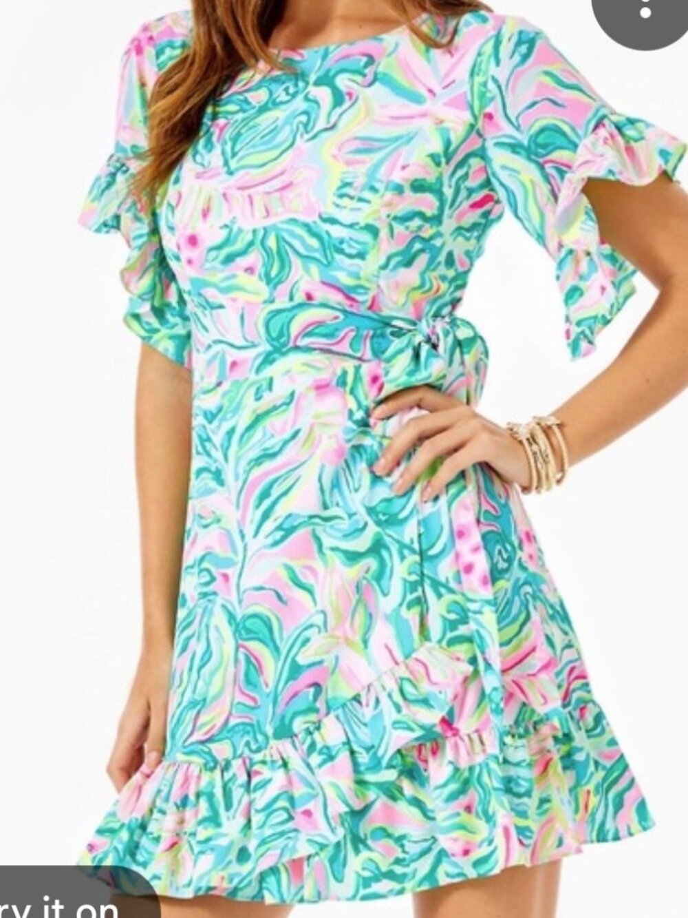 Lilly Pulitzer Women's Ruffle Wrap Bow Tie Knee Length Dress, Green, Size 6 - Picture 9 of 9